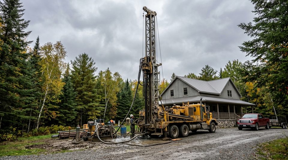 Water well drilling rig truck operating on a rural property in Renfrew County, Ontario